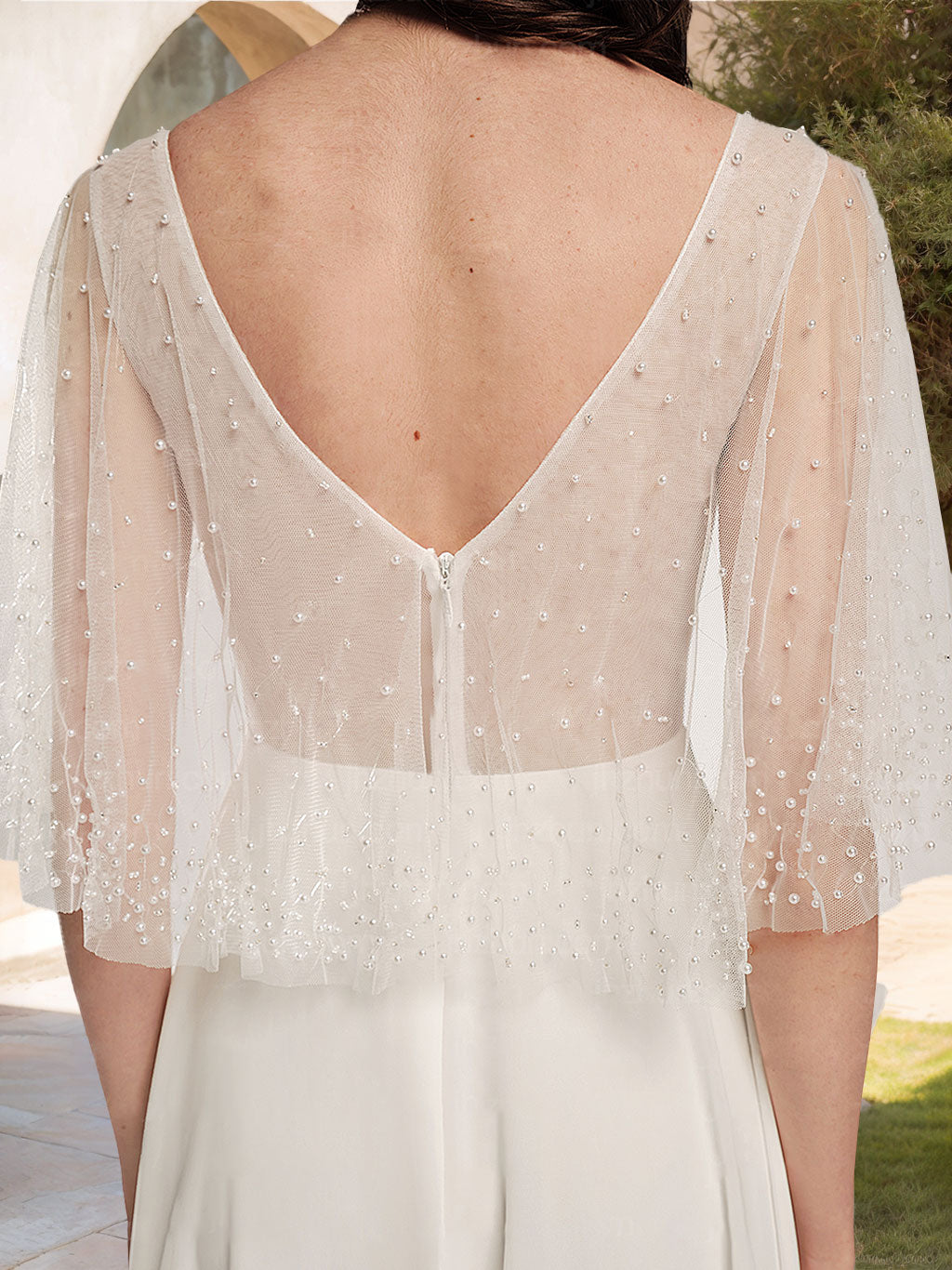 A-Line/Princess V-Neck Short Sleeves Floor-length Lace Wedding Dress with Wrap Champagne
