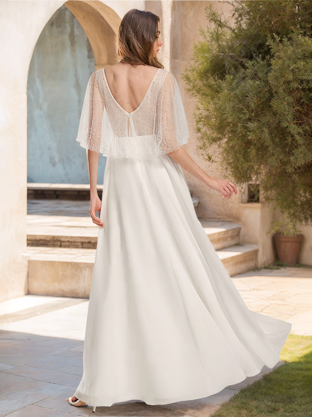 A-Line/Princess V-Neck Short Sleeves Floor-length Lace Wedding Dress with Wrap White