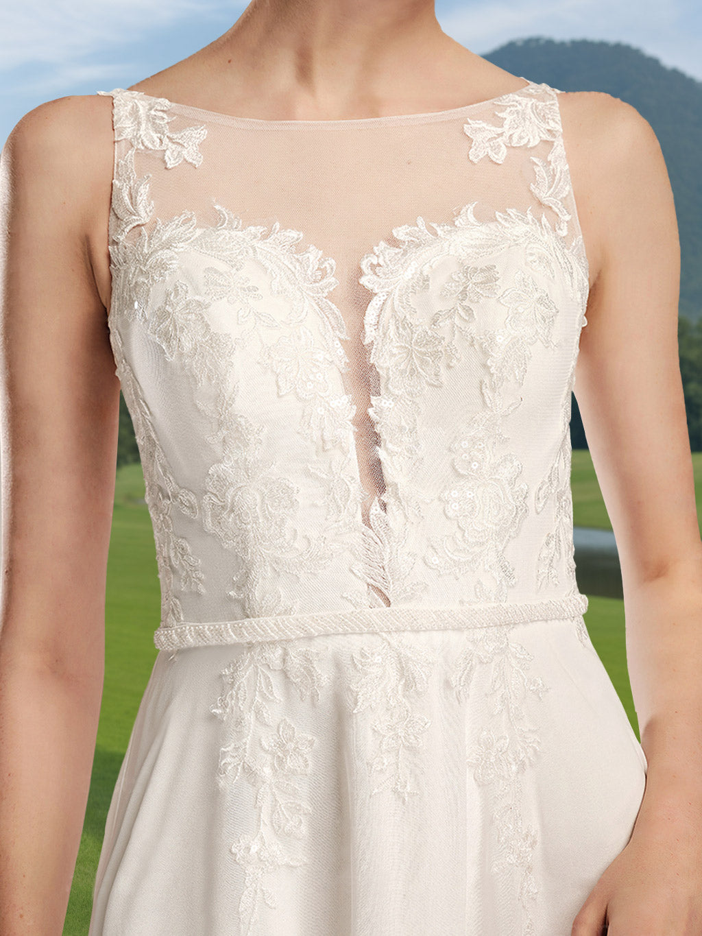 A-Line/Princess Scoop Neck Sleeveless Floor-length Wedding Dress with  Lace Appliques Champagne