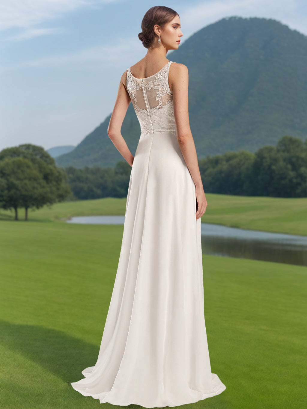 A-Line/Princess Scoop Neck Sleeveless Floor-length Wedding Dress with  Lace Appliques Ivory