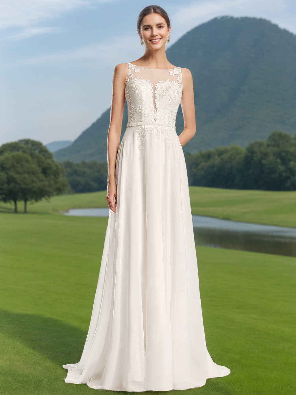A-Line/Princess Scoop Neck Sleeveless Floor-length Wedding Dress with  Lace Appliques White