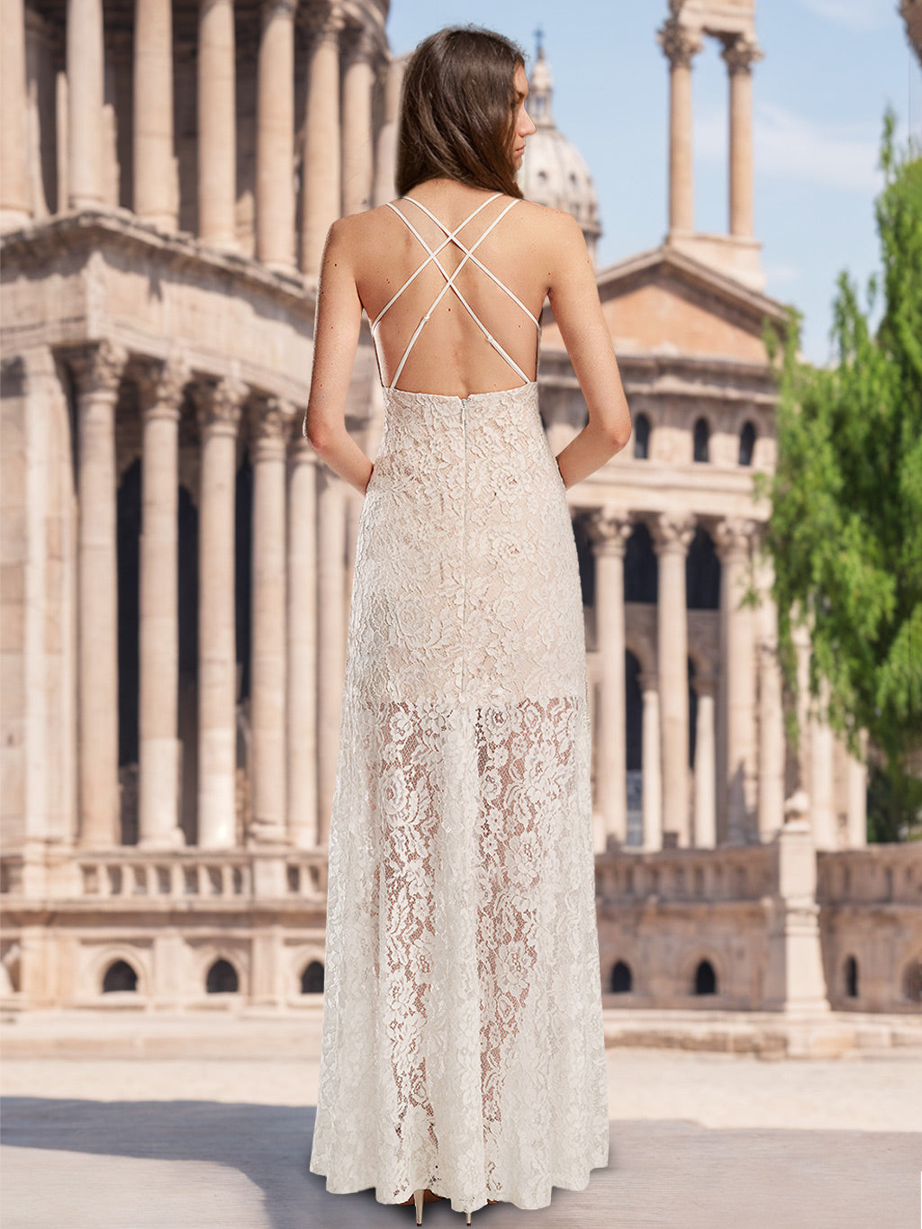 A-Line/Princess Spaghetti Straps V-Neck Sleeveless Floor-Length Wedding Dress with Lace Appliques White