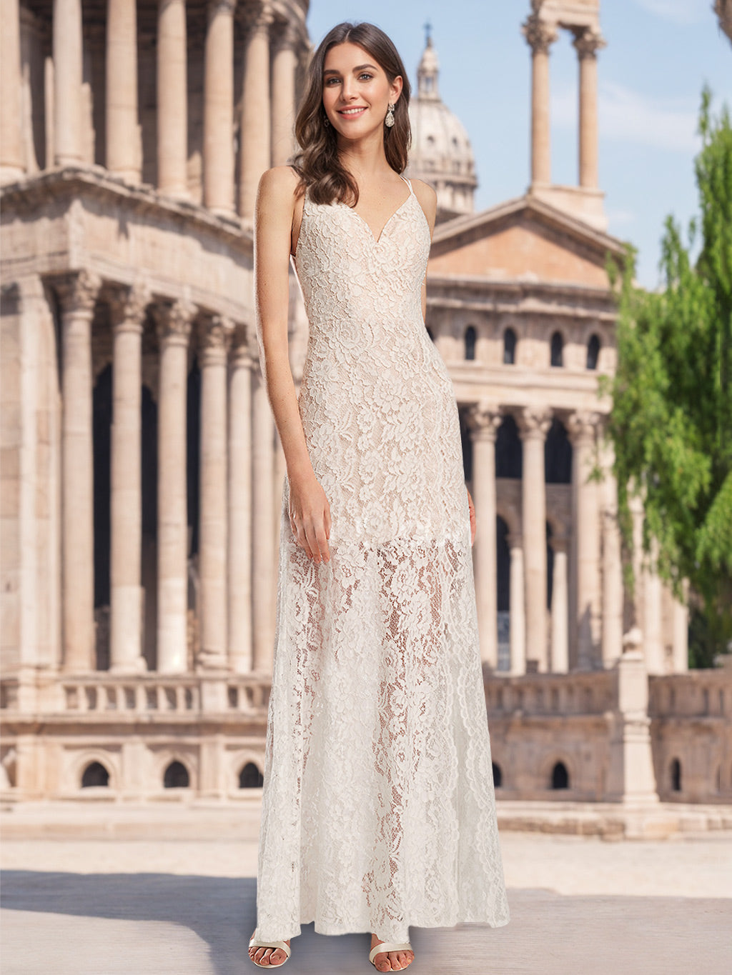 A-Line/Princess Spaghetti Straps V-Neck Sleeveless Floor-Length Wedding Dress with Lace Appliques Ivory