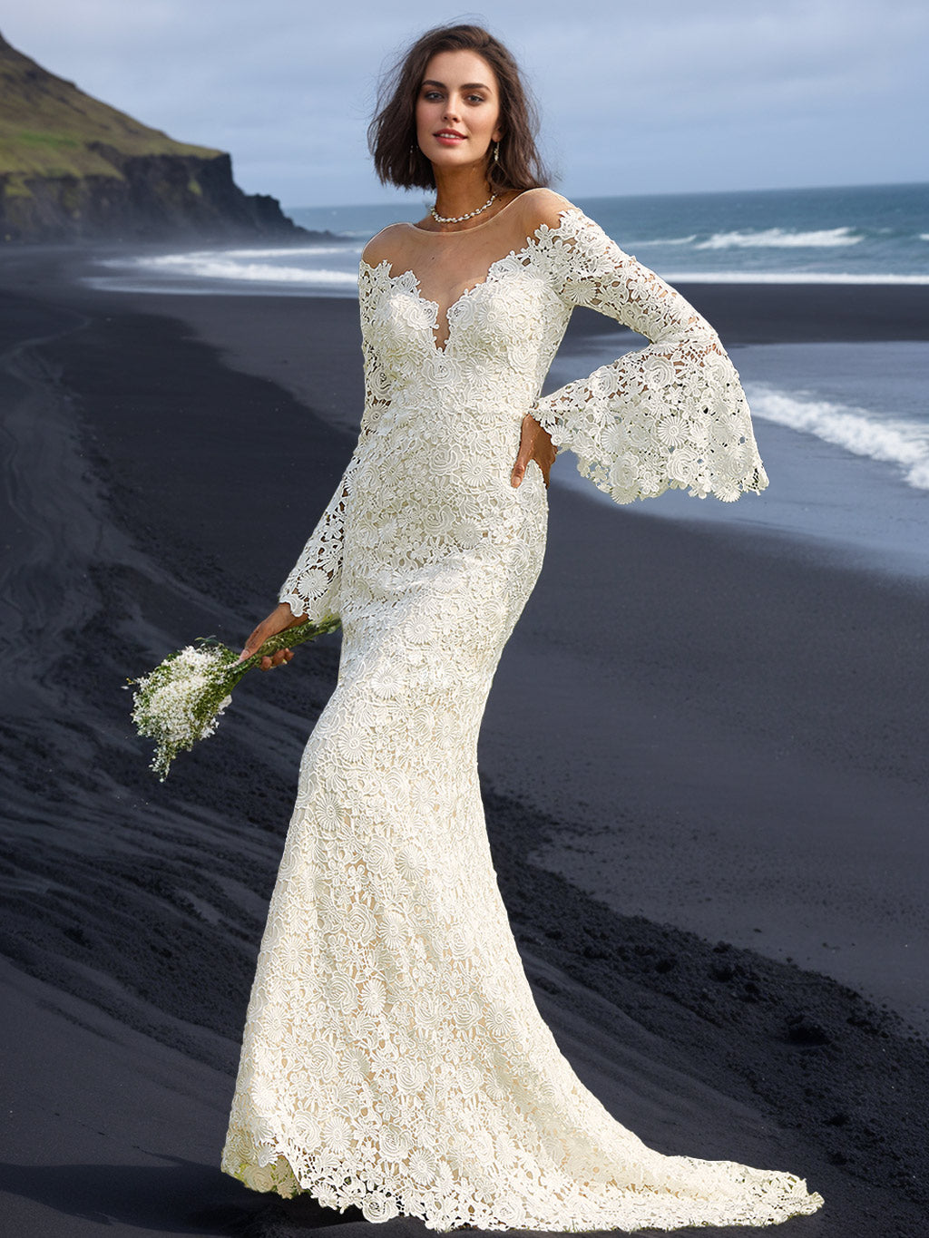 Trumpet/Mermaid Scoop Neck Long Sleeves Floor-length Wedding Dress with Lace Appliques Ivory