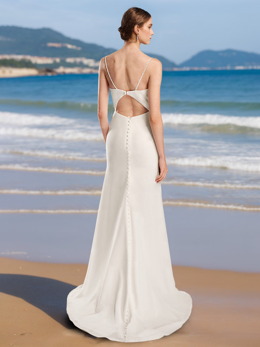 A-Line/Princess Spaghetti Straps Sleeveless Floor-Length Wedding Dress with Split Side Ivory