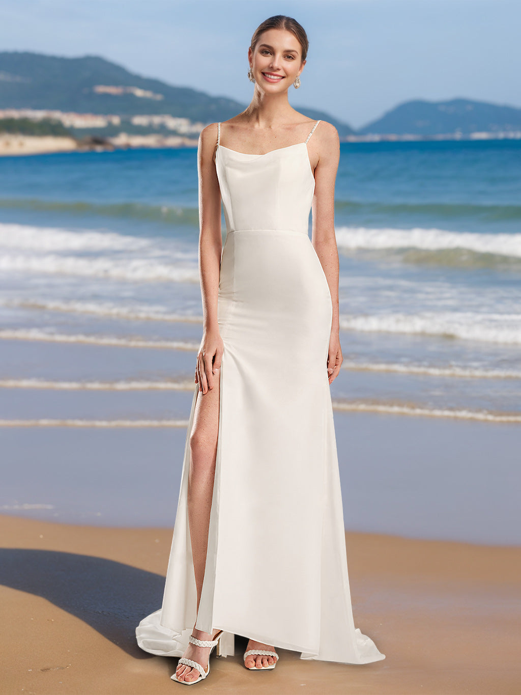 A-Line/Princess Spaghetti Straps Sleeveless Floor-Length Wedding Dress with Split Side White