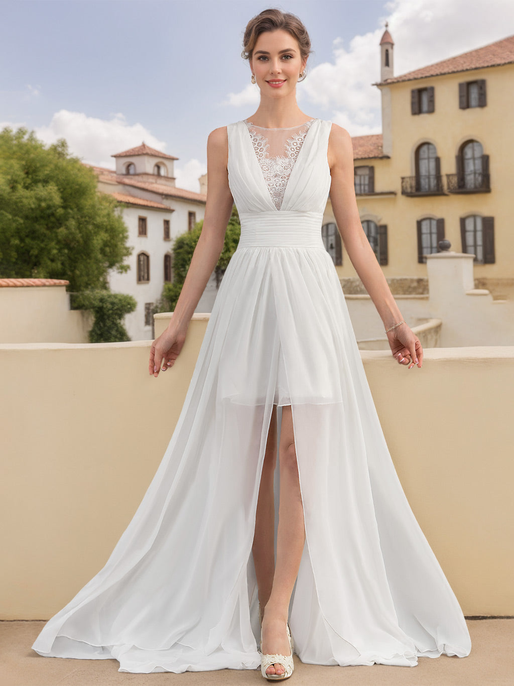 A-Line/Princess Scoop Neck Sleeveless Asymmetrical Wedding Dress with  Lace Appliques White
