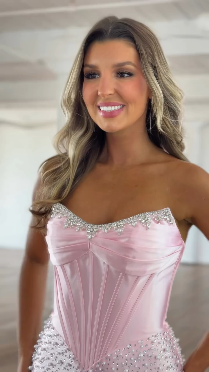 Pink Strapless Sweetheart Boned Corset Crystal Embellished Bodycon Homecoming Dress HC181