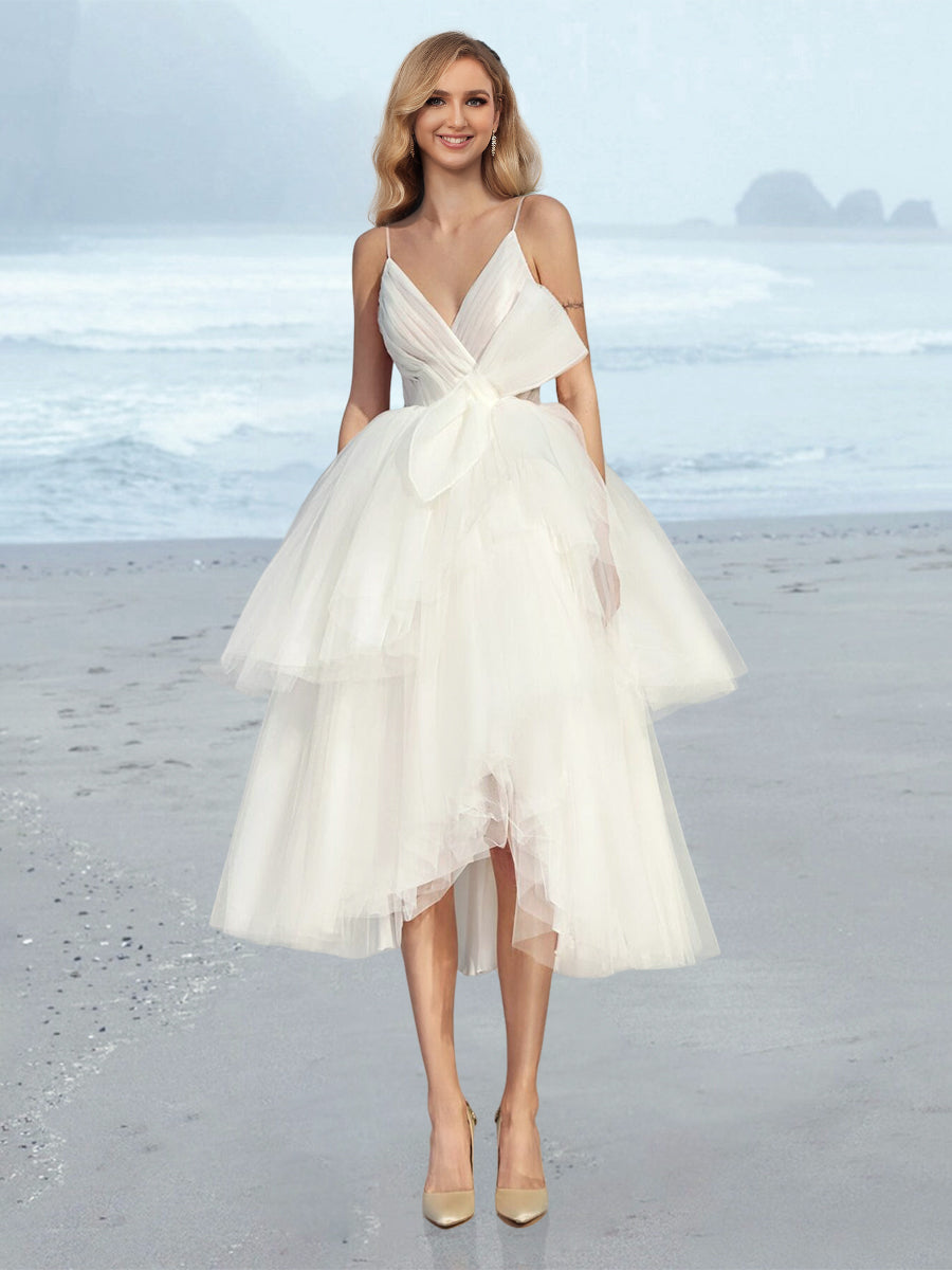 A-Line/Princess V-Neck Tea-Length Wedding Dress Ivory