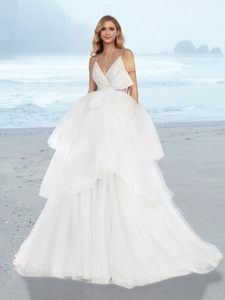 A-Line/Princess V-Neck Floor-Length Wedding Dress Ivory
