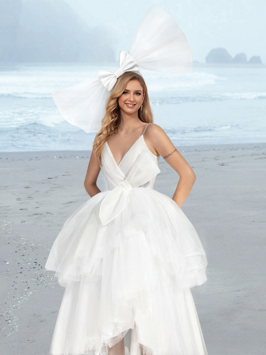 A-Line/Princess V-Neck Tea-Length Wedding Dress White