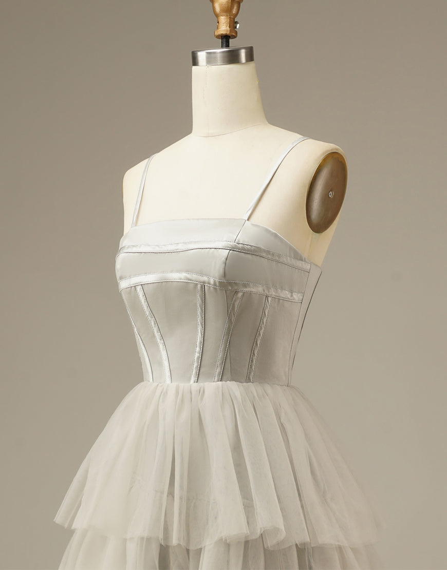 Light Grey Tiered Tulle Princess Prom Dress-LLELLA