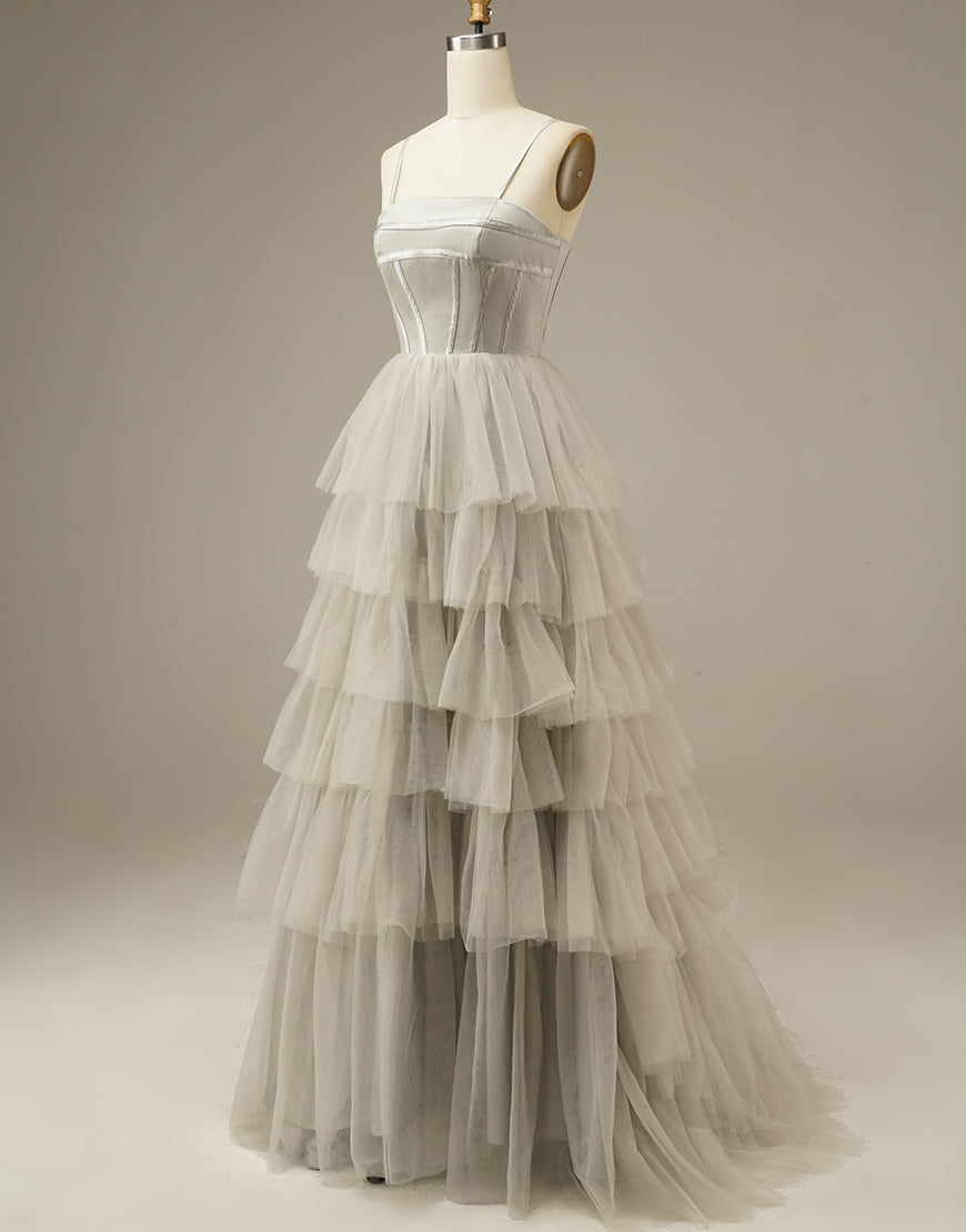 Light Grey Tiered Tulle Princess Prom Dress-LLELLA