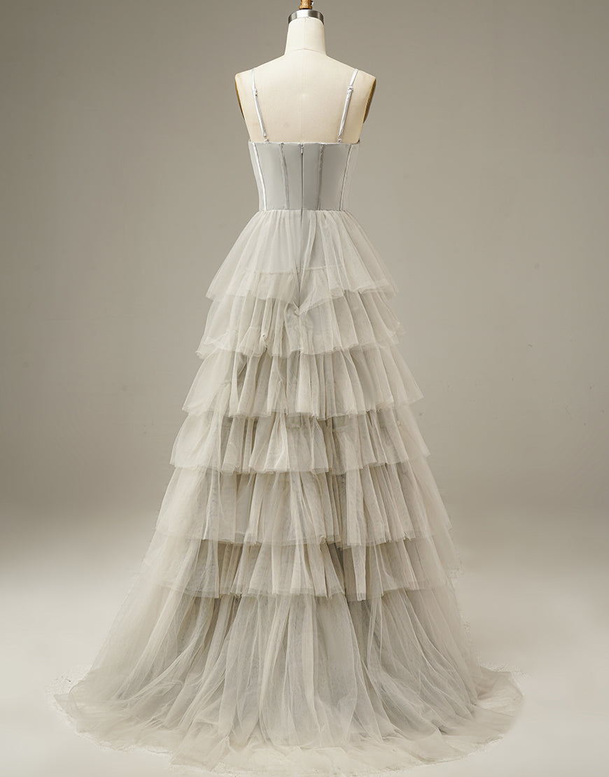 Light Grey Tiered Tulle Princess Prom Dress-LLELLA