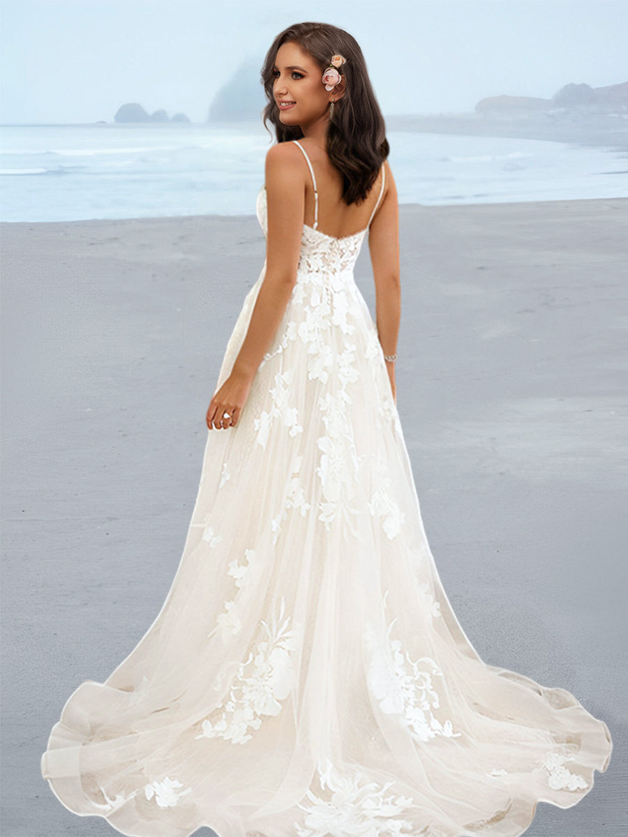 A-Line/Princess Spaghetti Straps Floor-Length Wedding Dress with Applique Pink