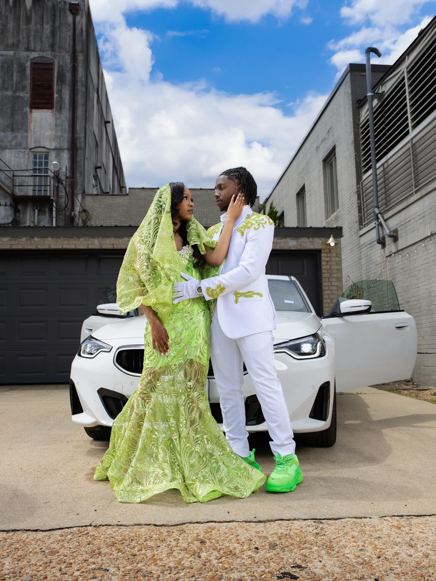 Neon Lime Green Gold Peacock Sequin Illusion Mermaid Prom Dress with Lace Cape Veil & Opera Gloves-LLELLA