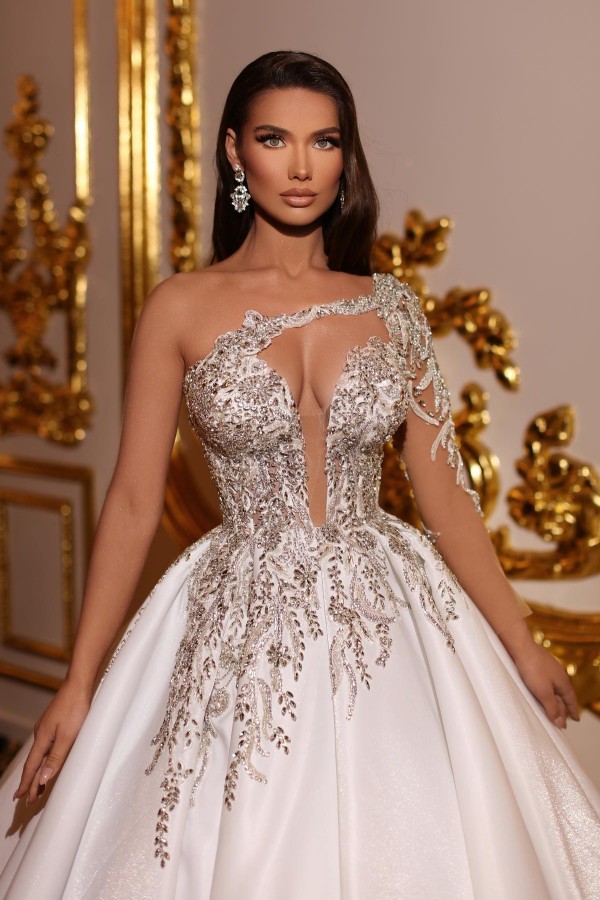 LLELLA One Shoulder Long Sleeves Princess Wedding Dress With Beads-LLELLA
