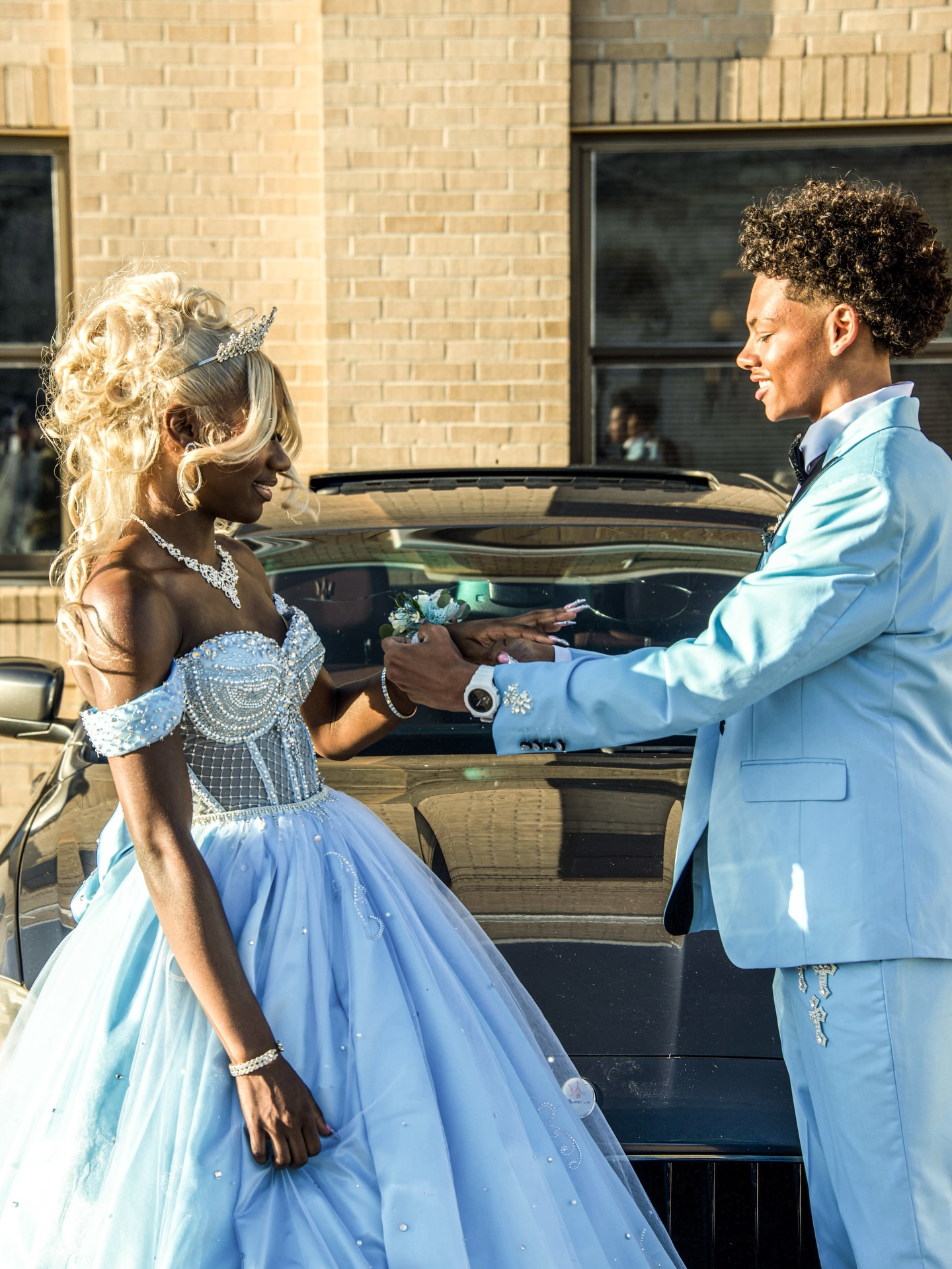 Blue Crystal Beaded Strapless Mermaid Prom Dress with 3D Floral Appliqué & Ruffle Skirt