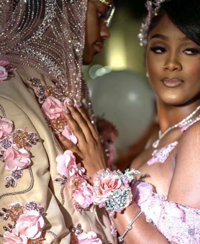 Blush Rose Gold Sequin Off-Shoulder Mermaid Prom Dress with 3D Floral Bodice & High Slit