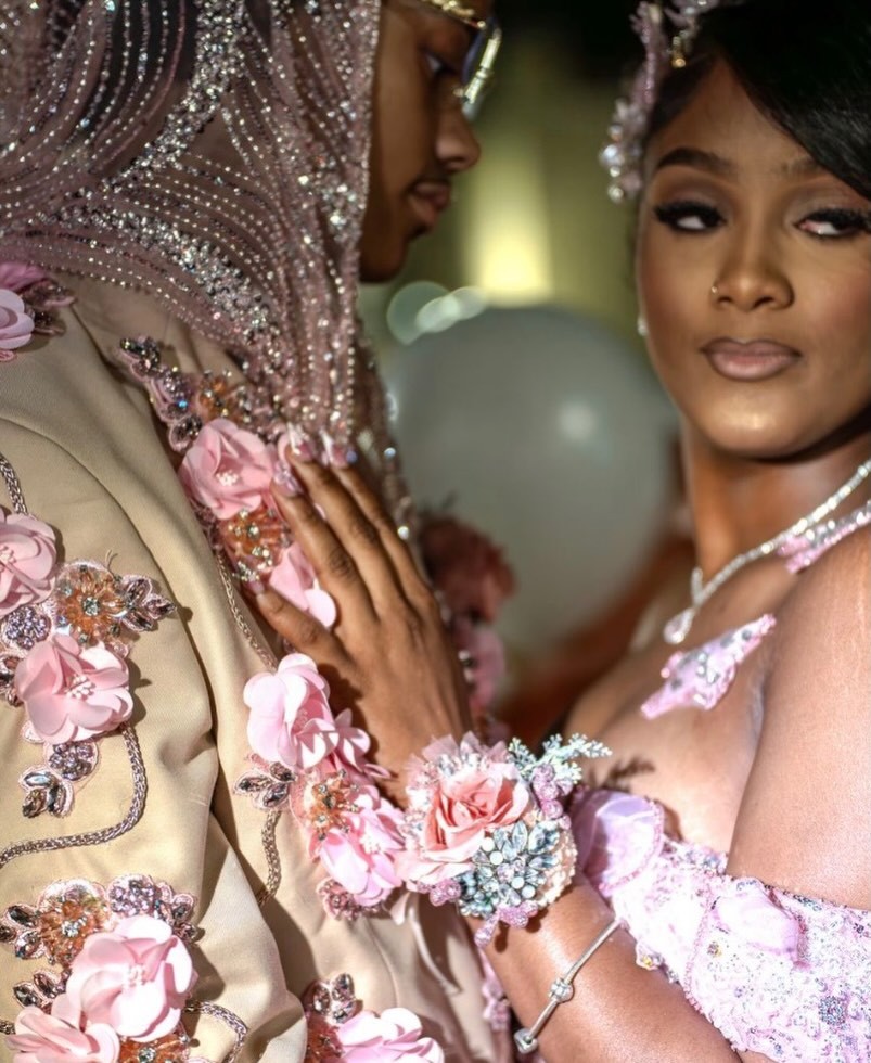Blush Rose Gold Sequin Off-Shoulder Mermaid Prom Dress with 3D Floral Bodice & High Slit