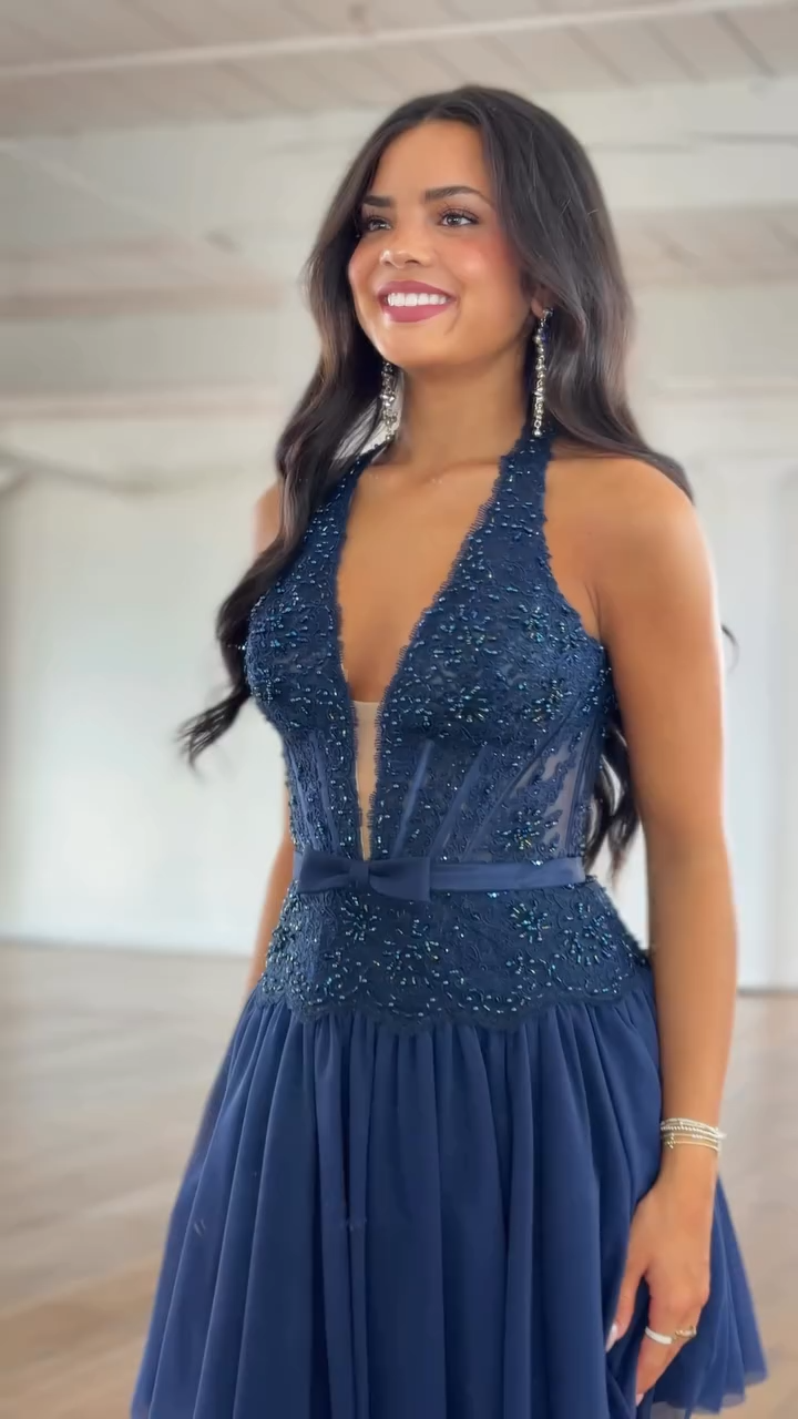 Navy Deep V-Neck Beaded Lace Chiffon A-Line Homecoming Dress