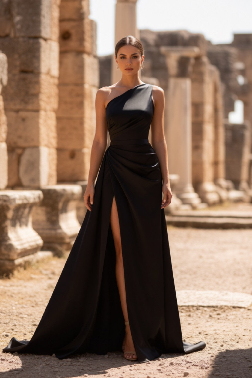 Sexy Black Satin One-Shoulder Long Prom Dress With Slit-LLELLA