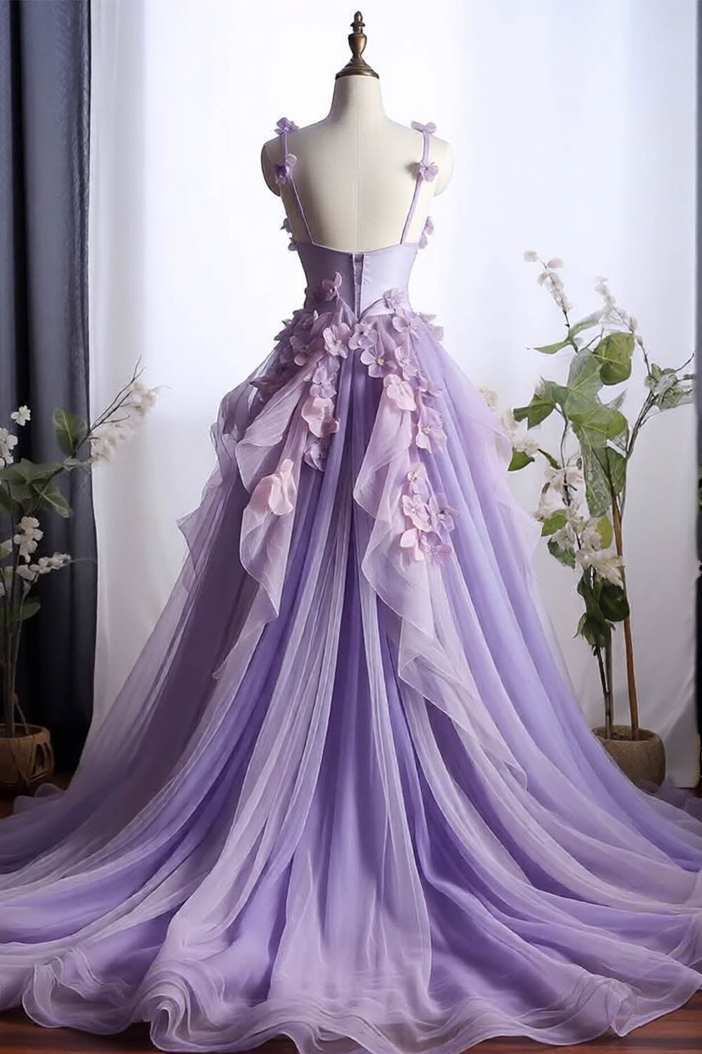 Cute Tulle Lilac Prom Dress with Flowers-LLELLA