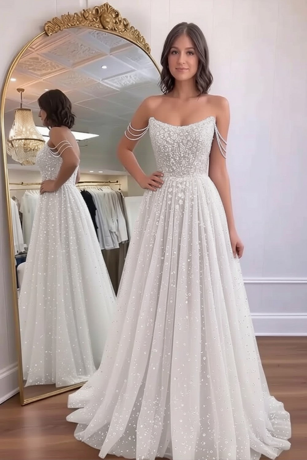 Glitter A line Off the Shoulder Prom Dress-LLELLA