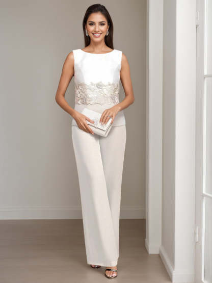 Ankle-Length Mother of the Bride Pantsuits in 3 Pieces Featuring Square Neck Jacket & Lace Appliques-LLELLA