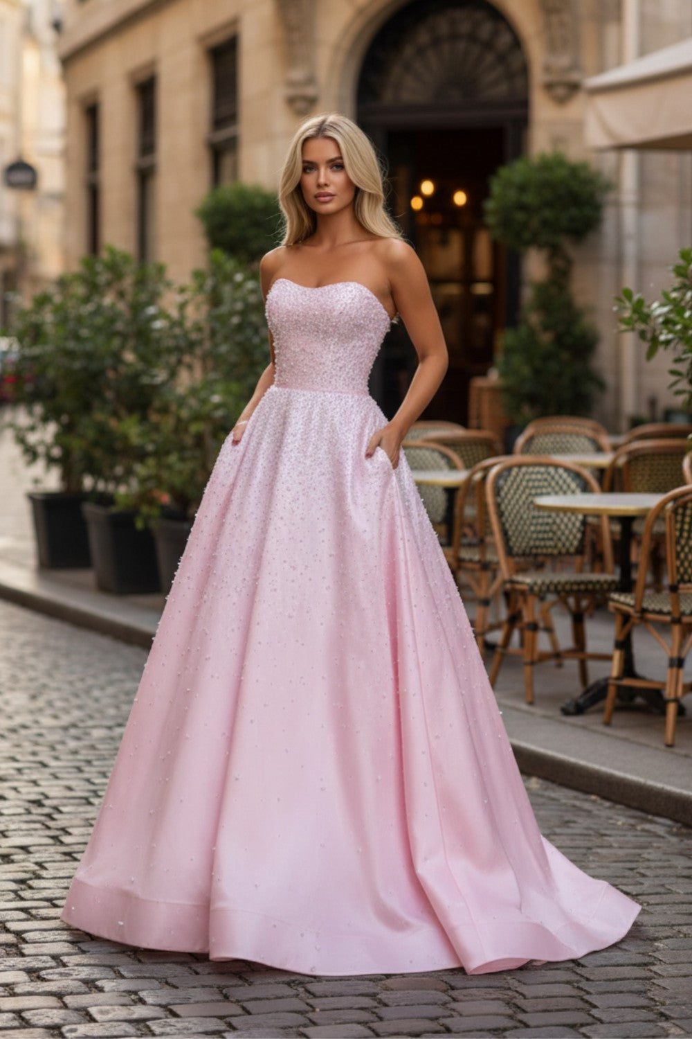 A-Line Pink Beaded Long Prom Dress-LLELLA
