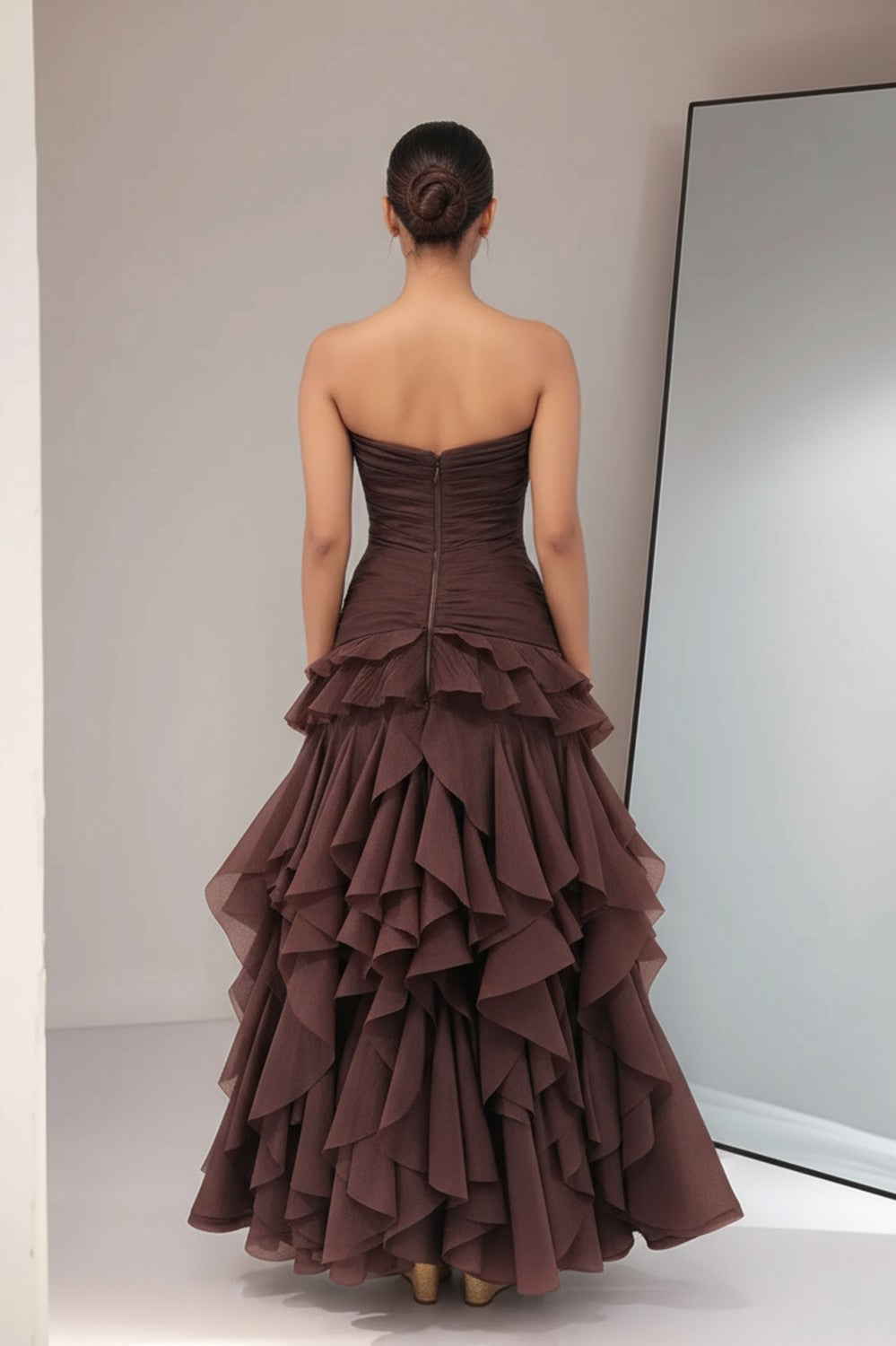 V Neck Tiered Strapless Long Prom Dress-LLELLA