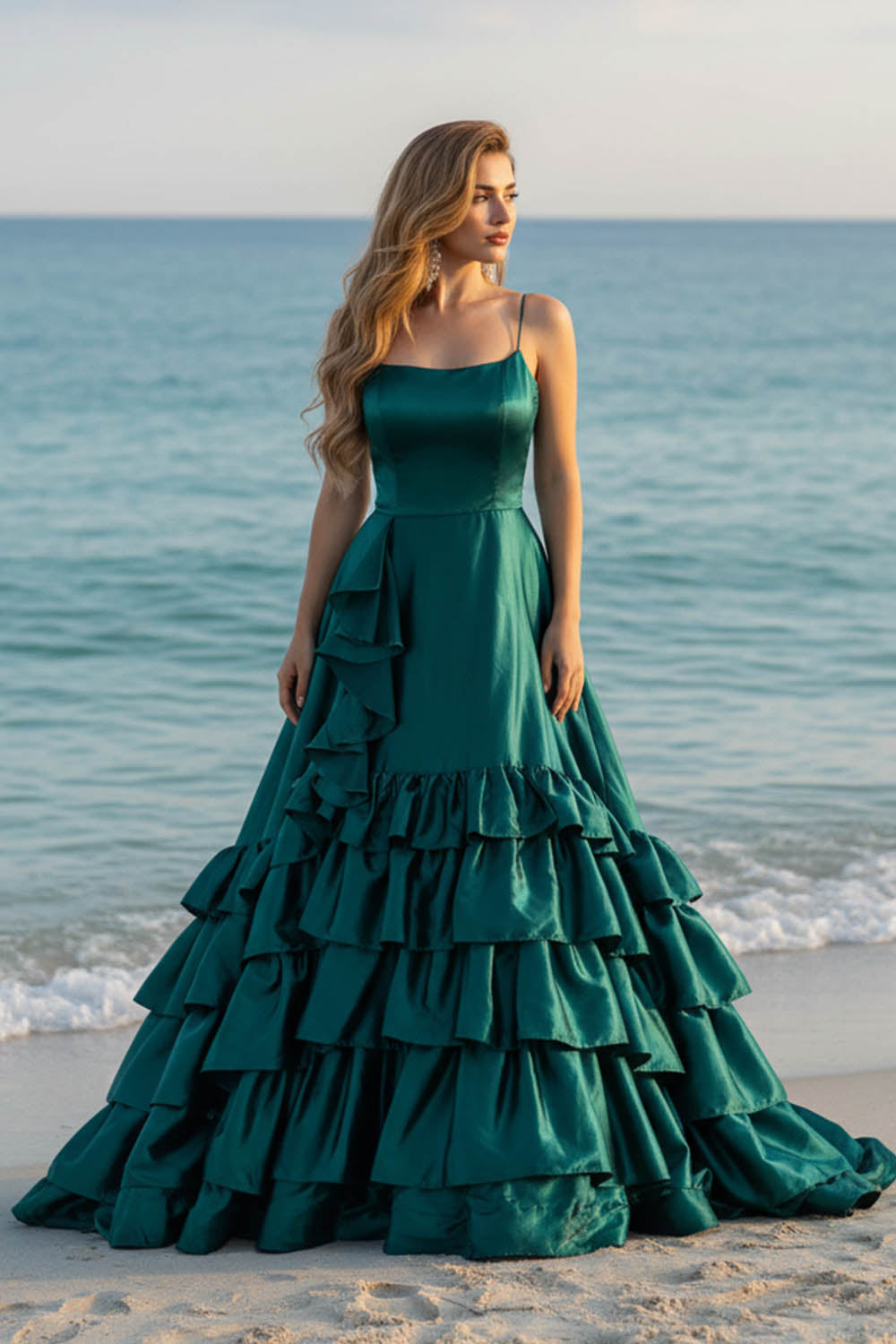 Dark Green Ruffle Prom Dress-LLELLA