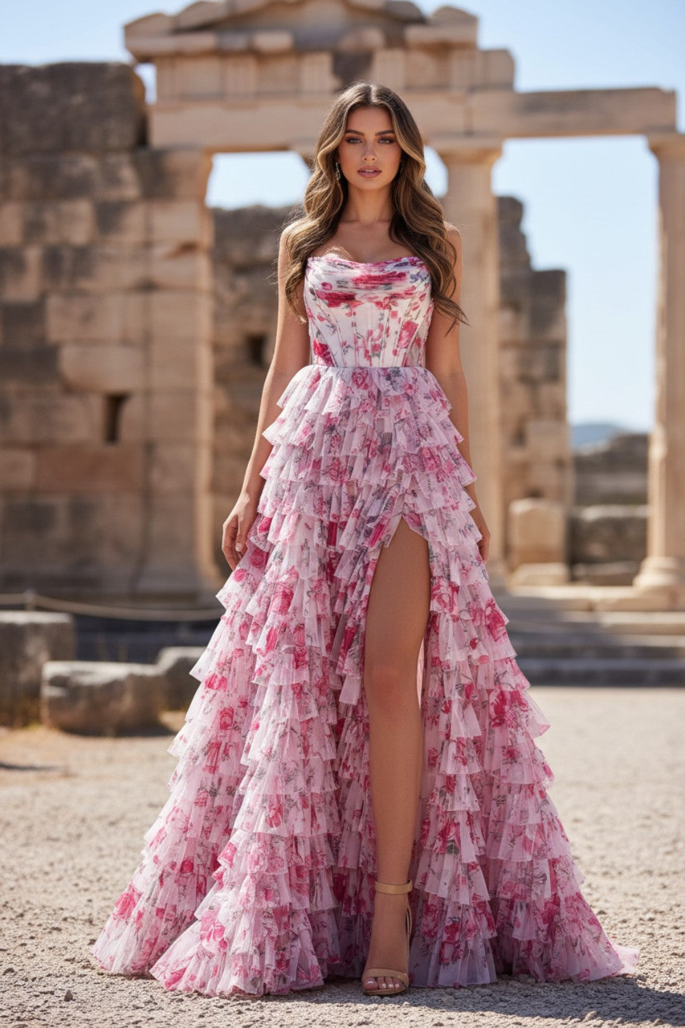 Pink Floral Prom Dress with Ruffle Skirt-LLELLA