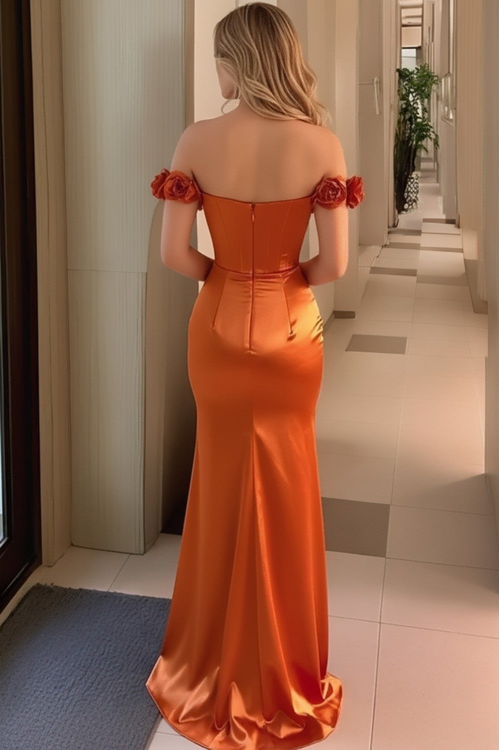 Off Shoulder Glitter Orange Prom Dress-LLELLA