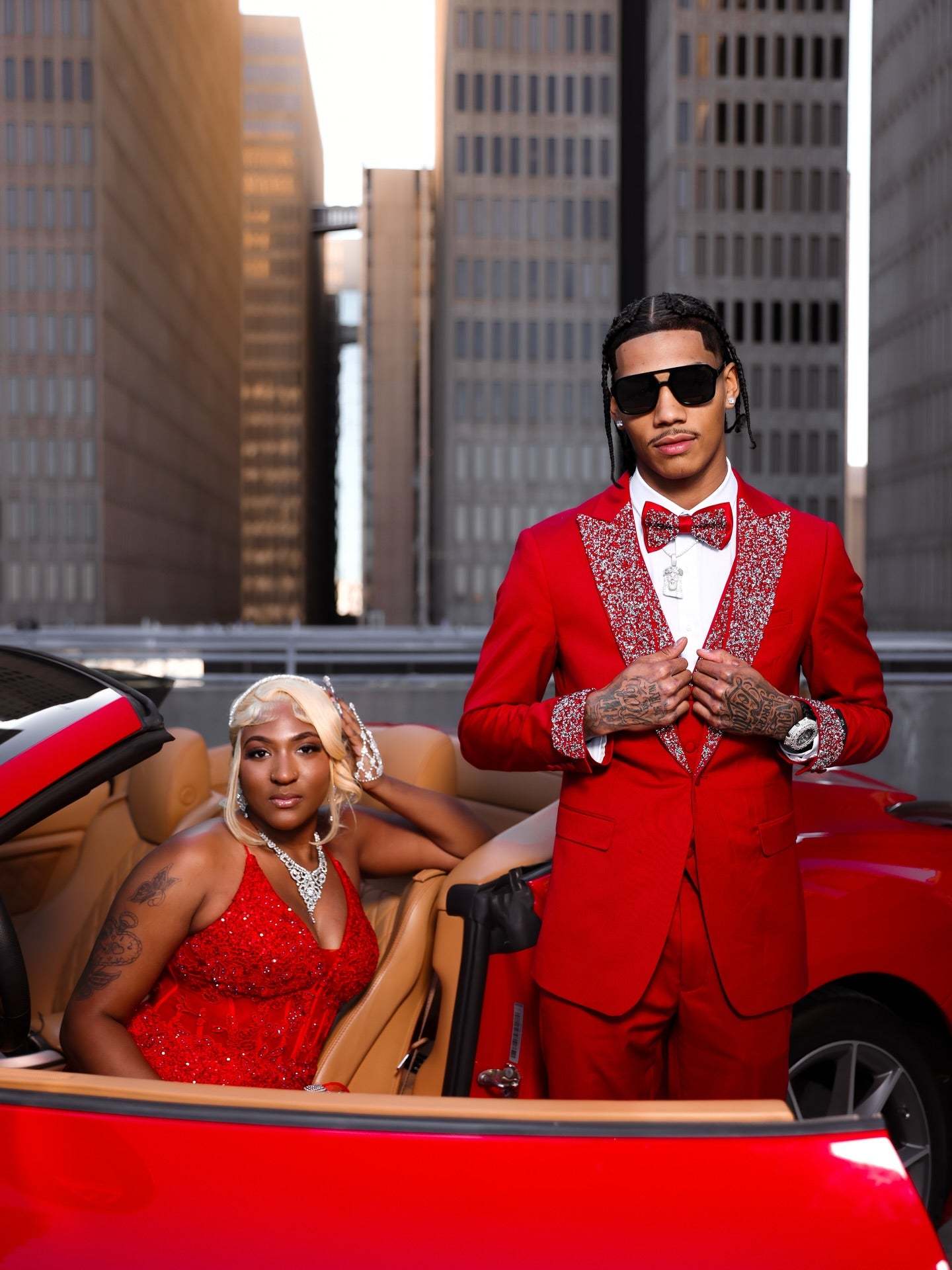 Red Halter V-Neck Crystal Beaded Mermaid Prom Dress with Ruffled Organza Skirt