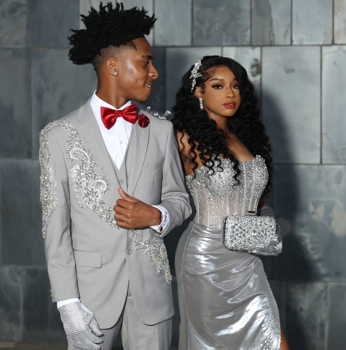 Silver Crystal Beaded Strapless Mermaid Prom Dress with Sheer Corset Bodice & High Slit