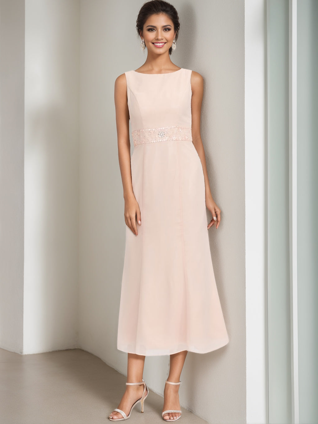 Tea-Length Mother of the Bride Sheath Dress with Beaded Jacket-LLELLA