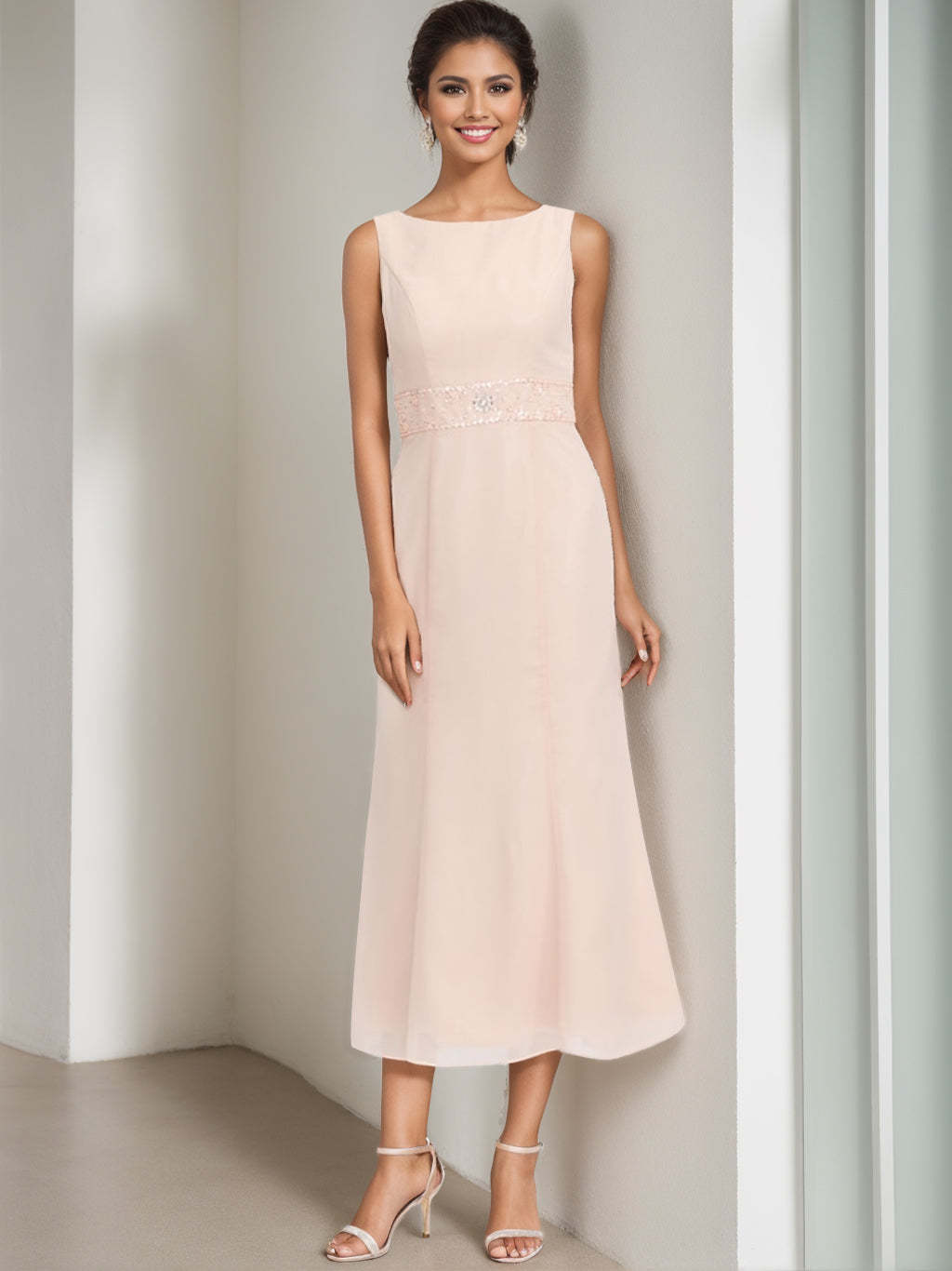 Tea-Length Mother of the Bride Sheath Dress with Beaded Jacket-LLELLA