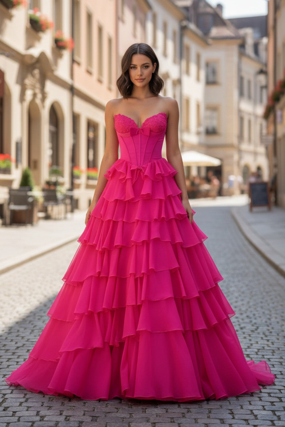 Hot Pink A-line Tiered Strapless Long Prom Dress-LLELLA