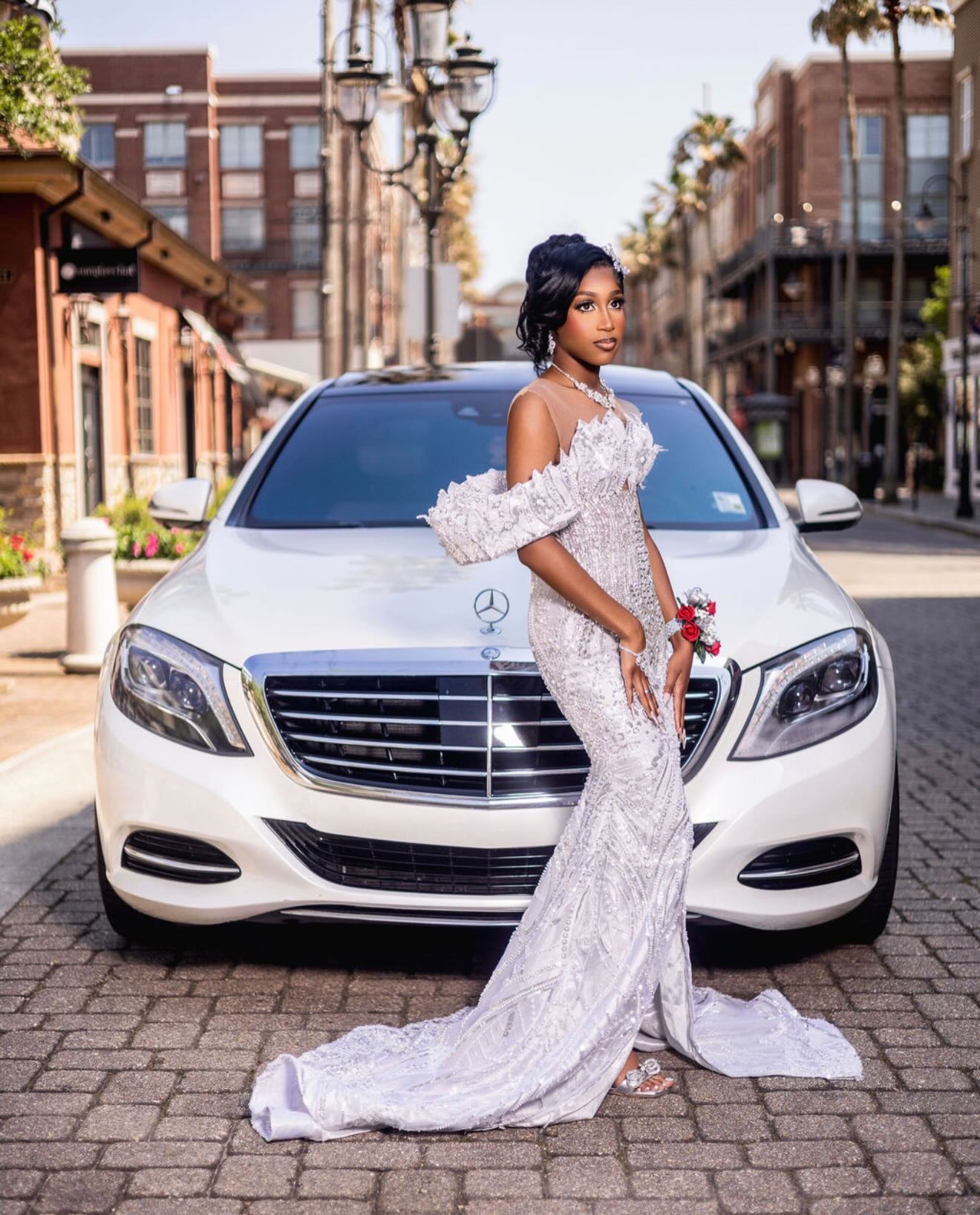 White Off-Shoulder 3D Floral Crystal Beaded Mermaid Prom Dress with High Slit and Sweep Train