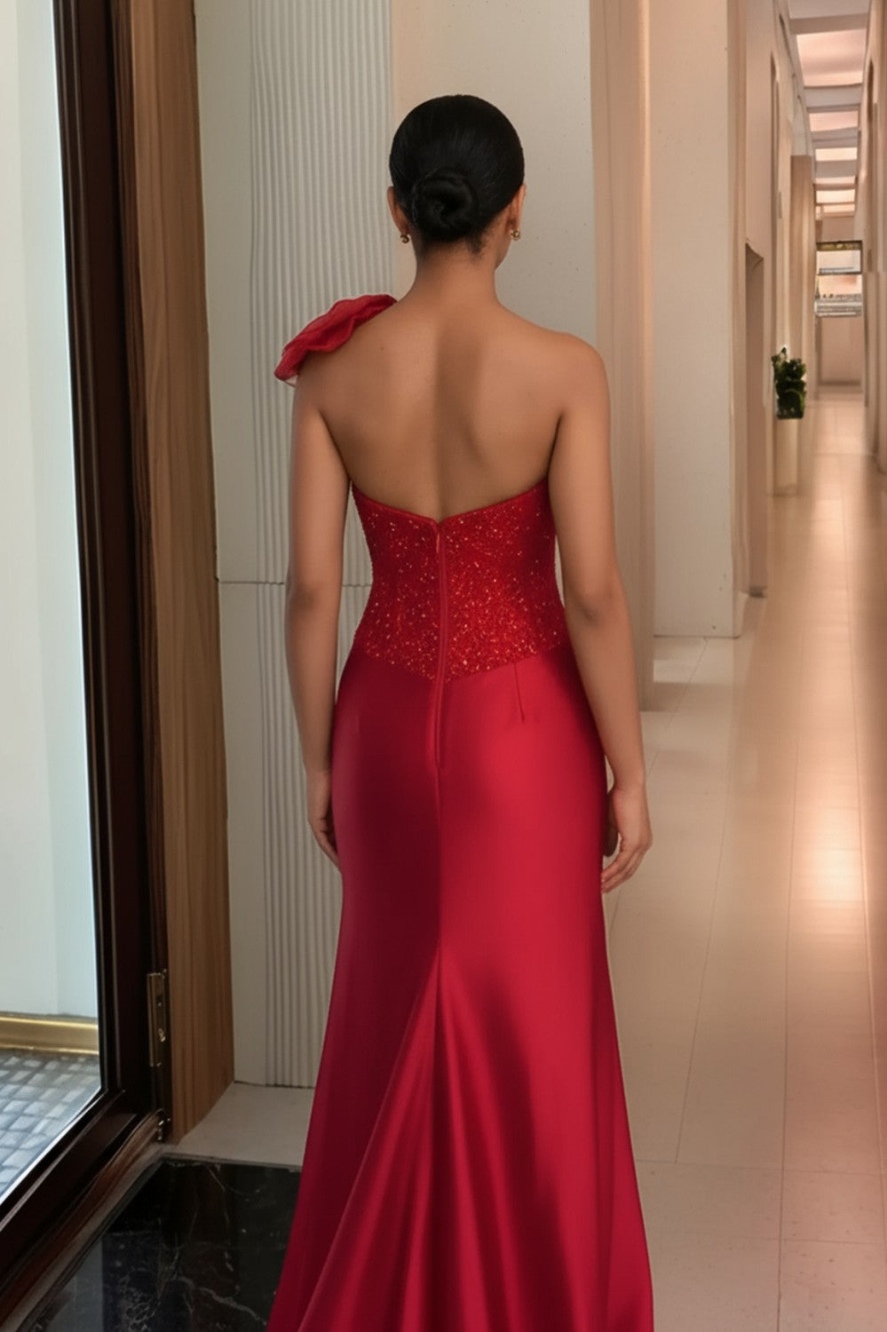 Mermaid Red One Shoulder Long Prom Dress-LLELLA
