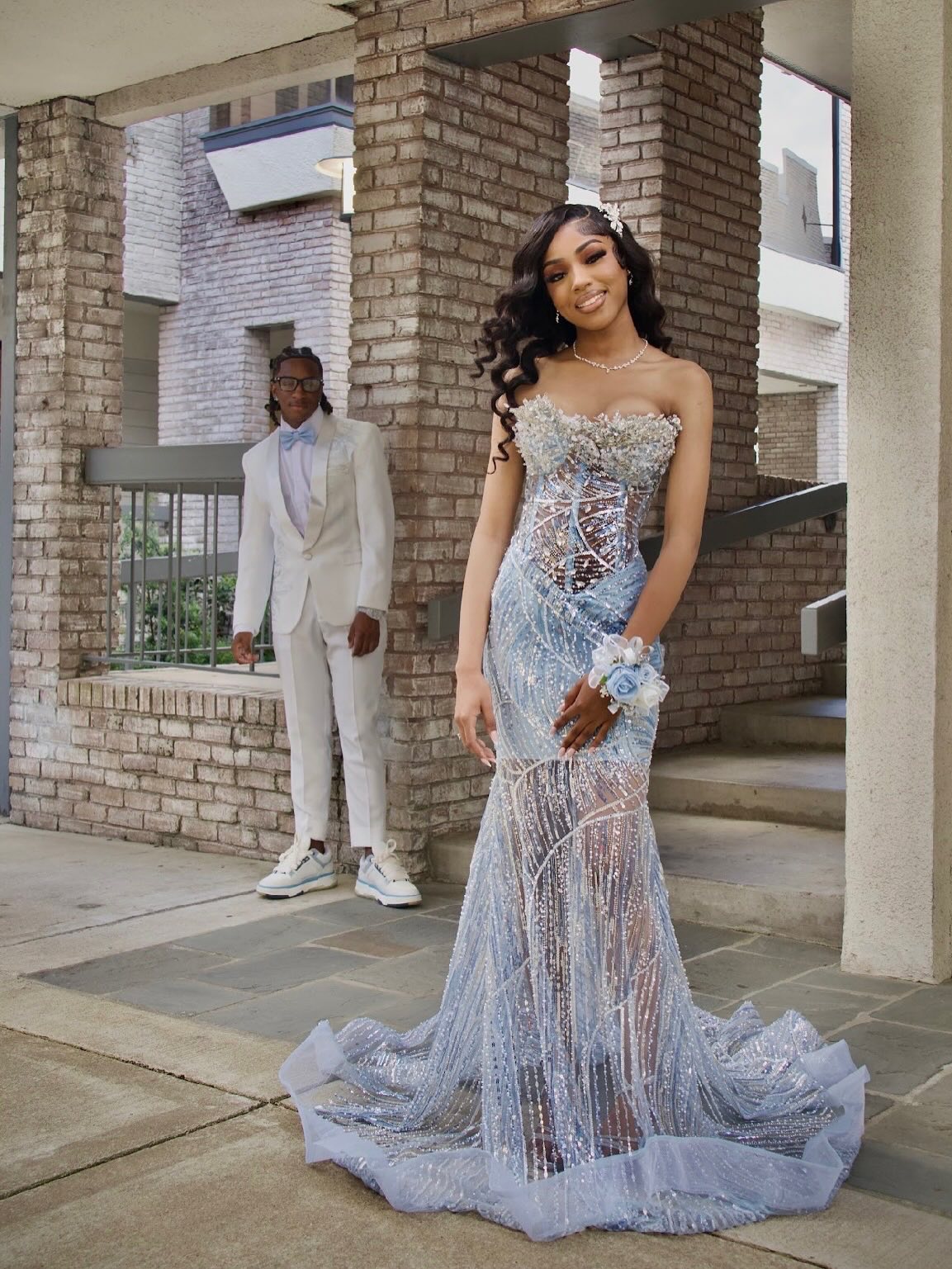 Ice Blue Silver 3D Floral Crystal Fringe Tassel Strapless Sweetheart Sheer Mermaid Prom Dress with Cathedral Train