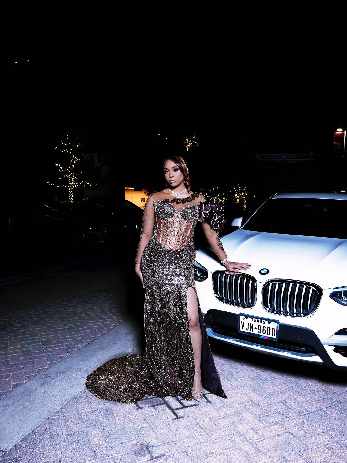 Bronze Black Wave Pattern Sheer Illusion Crystal Beaded Off-Shoulder Mermaid Prom Dress with High Slit