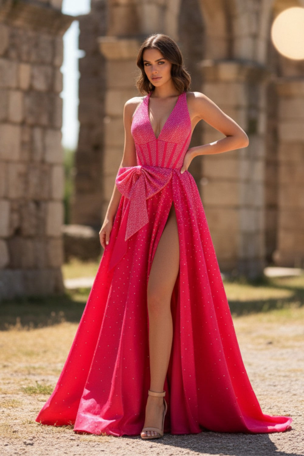 Glitter Beaded A-line Hot Pink Long Prom Dress With High Slit-LLELLA
