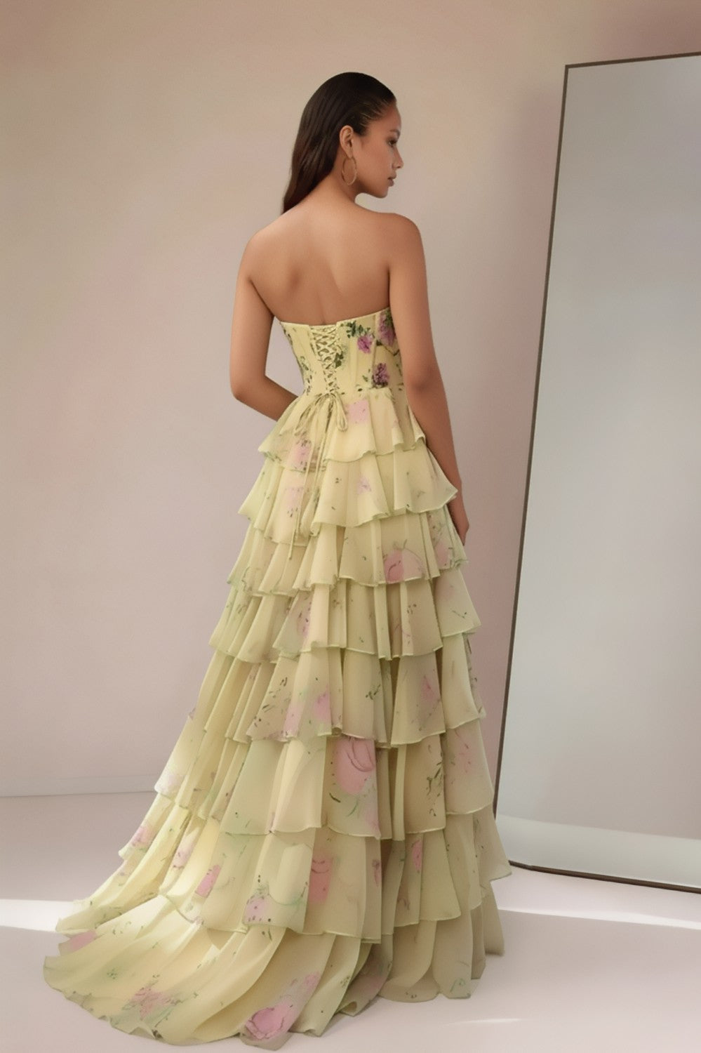 A line Tiered Floral Printed Yellow Prom Dress-LLELLA