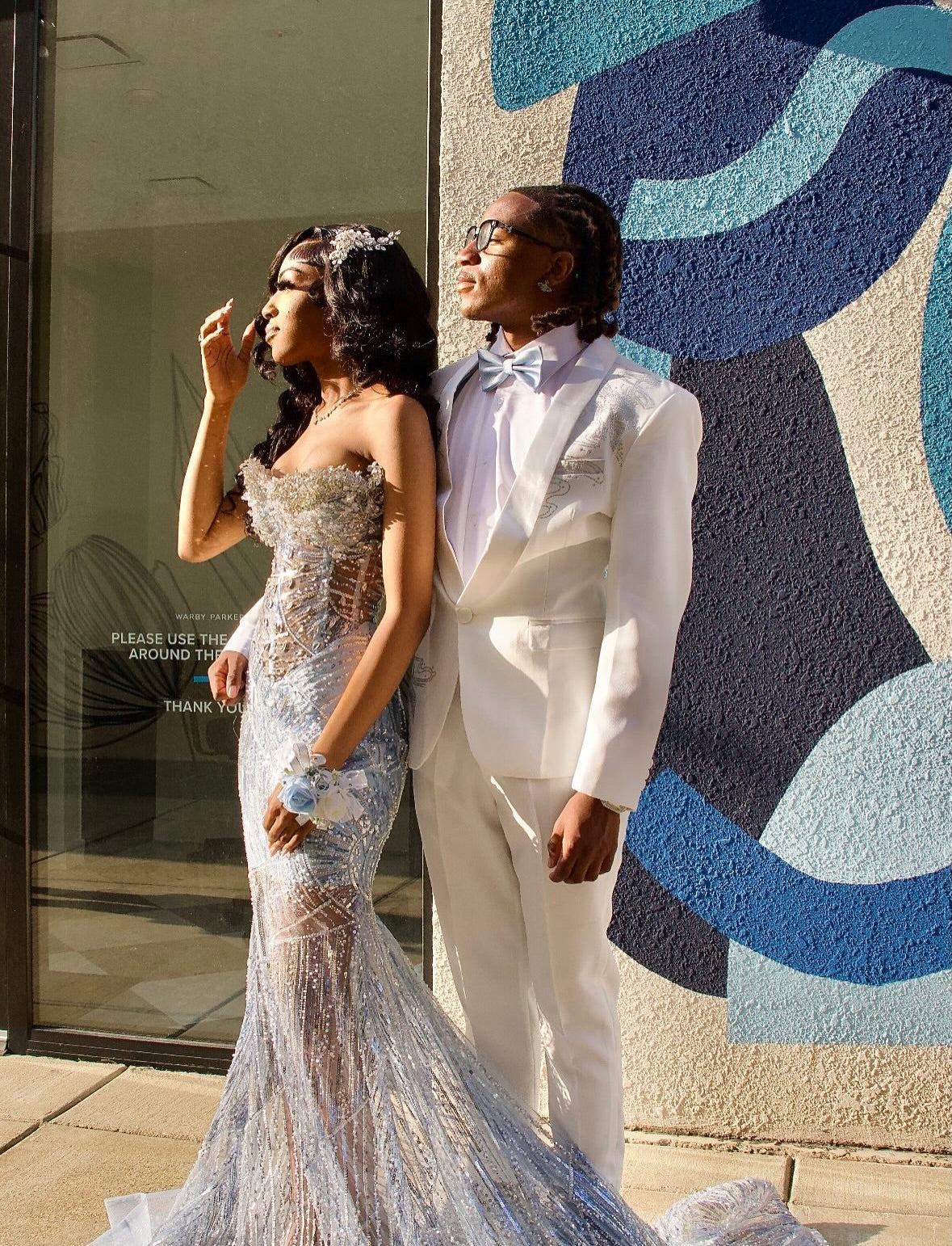 Ice Blue Silver Strapless Sweetheart Sheer Crystal Line Beaded Mermaid Prom Dress with Cathedral Train