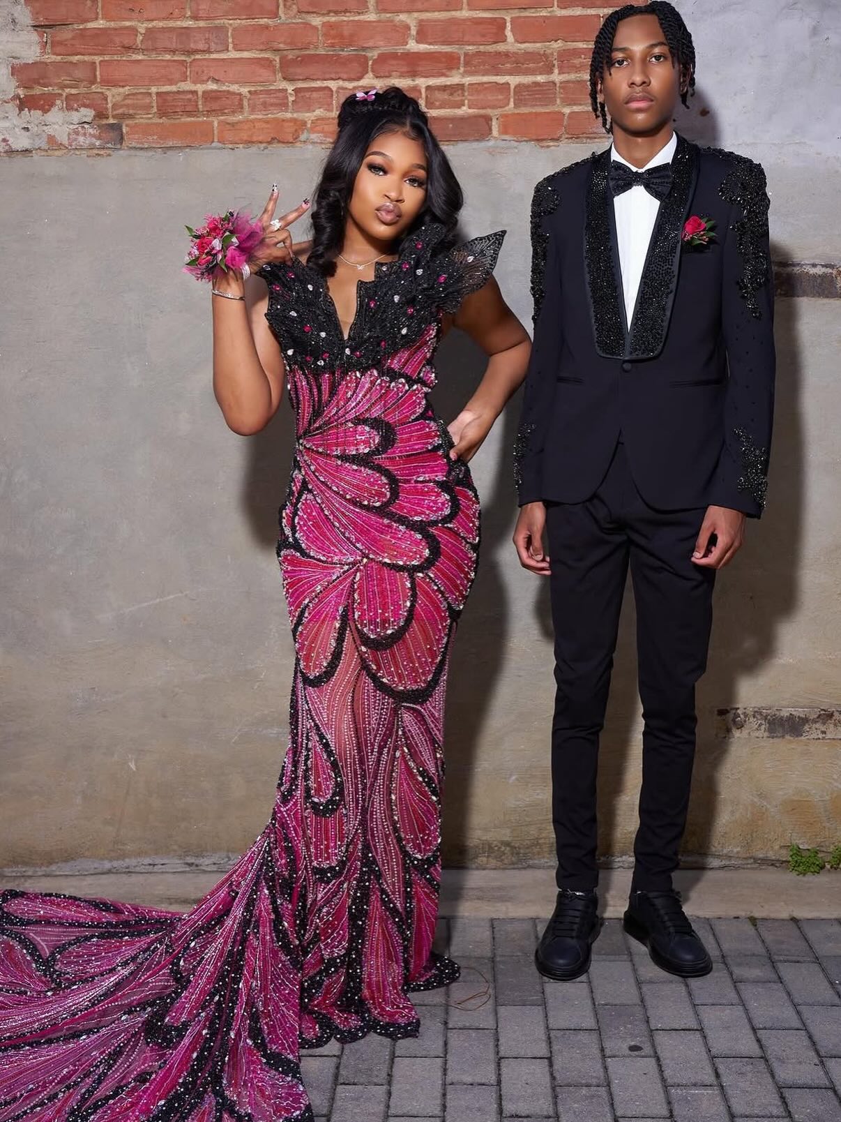 Fuchsia & Black Butterfly Wing Crystal Beaded Mermaid Prom Dress-LLELLA