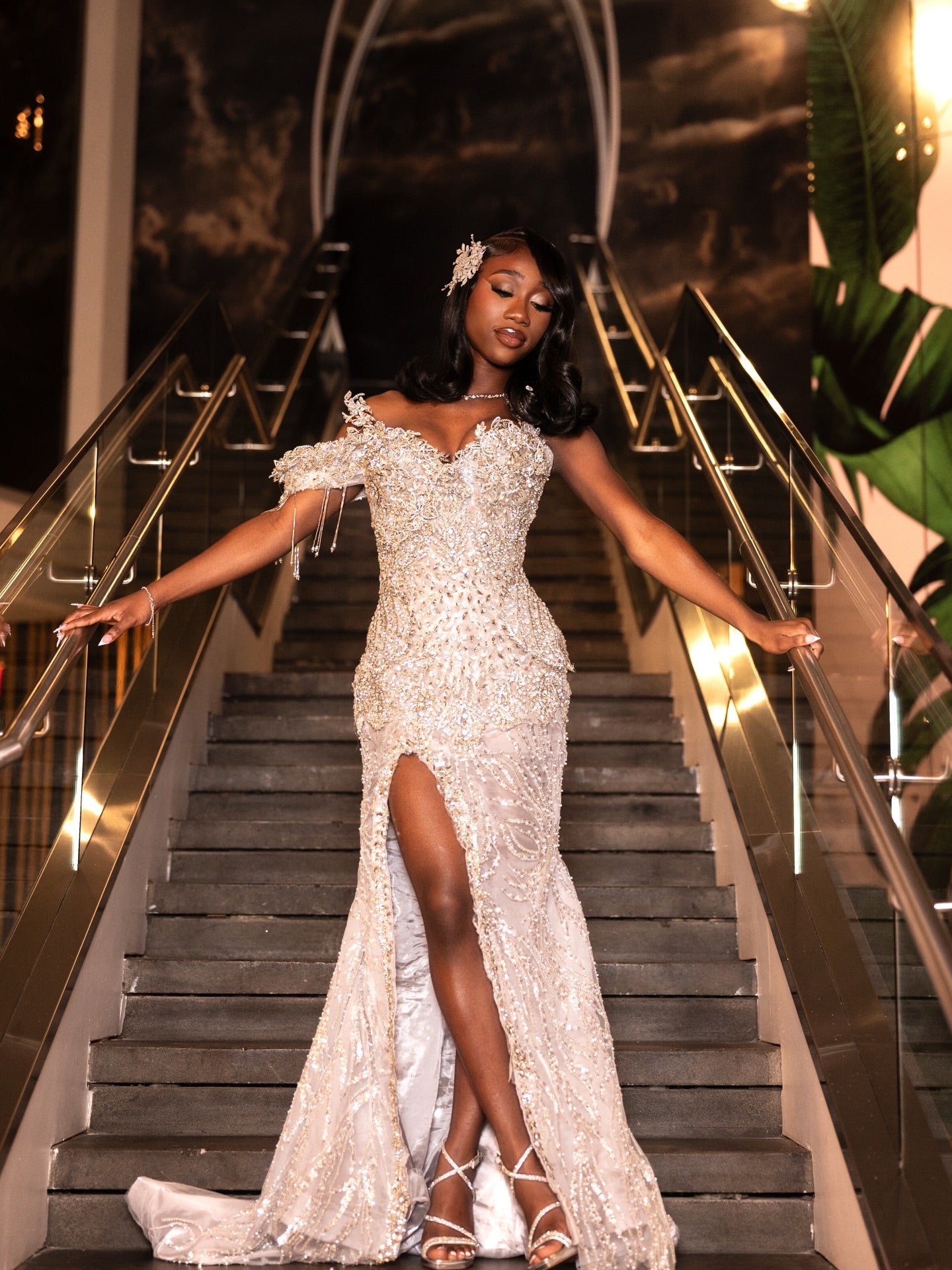 Ivory Off-Shoulder Crystal Beaded Mermaid Prom Dress with High Slit-LLELLA