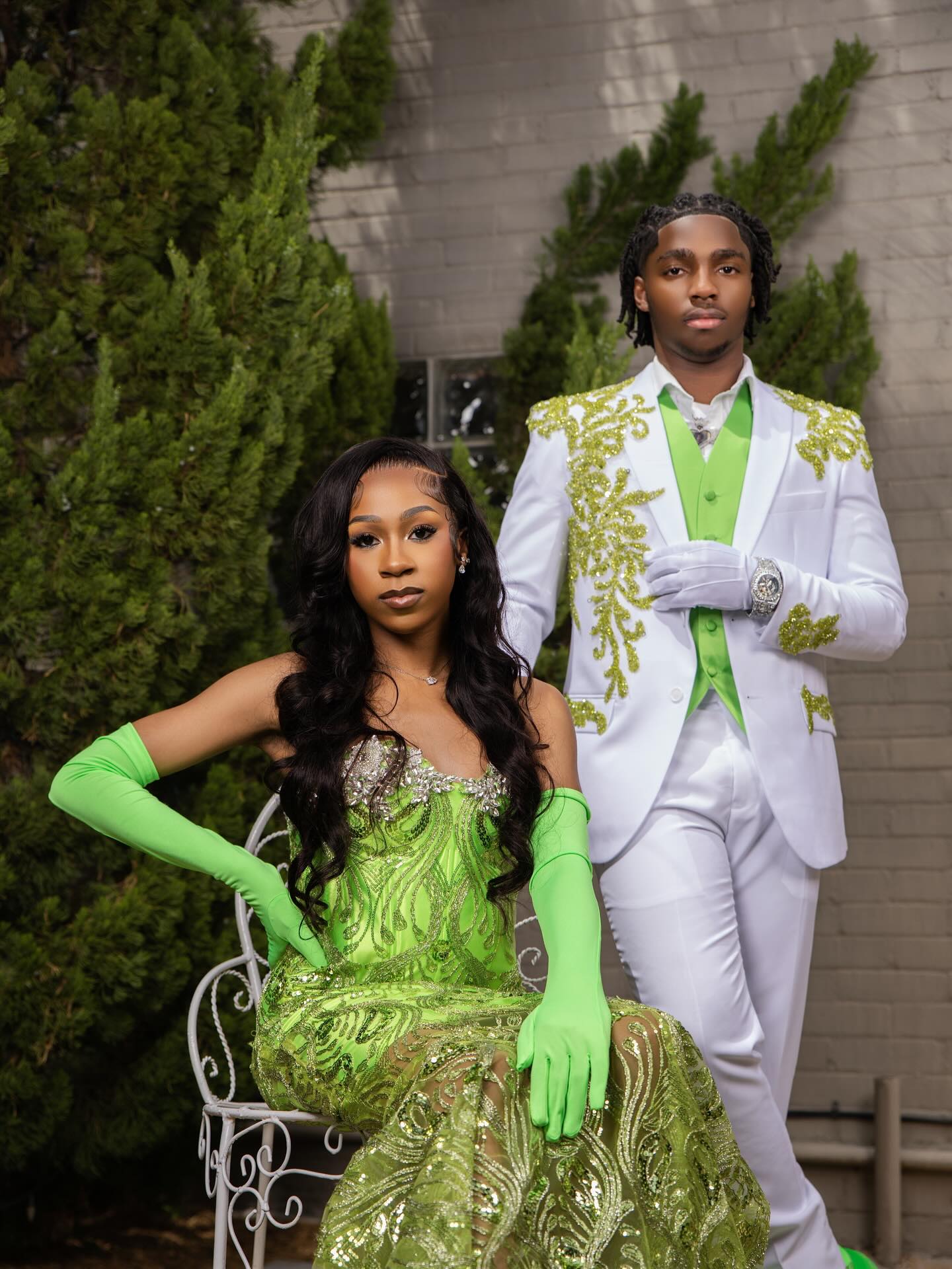 Neon Lime Green Gold Peacock Sequin Illusion Mermaid Prom Dress with Lace Cape Veil & Opera Gloves-LLELLA