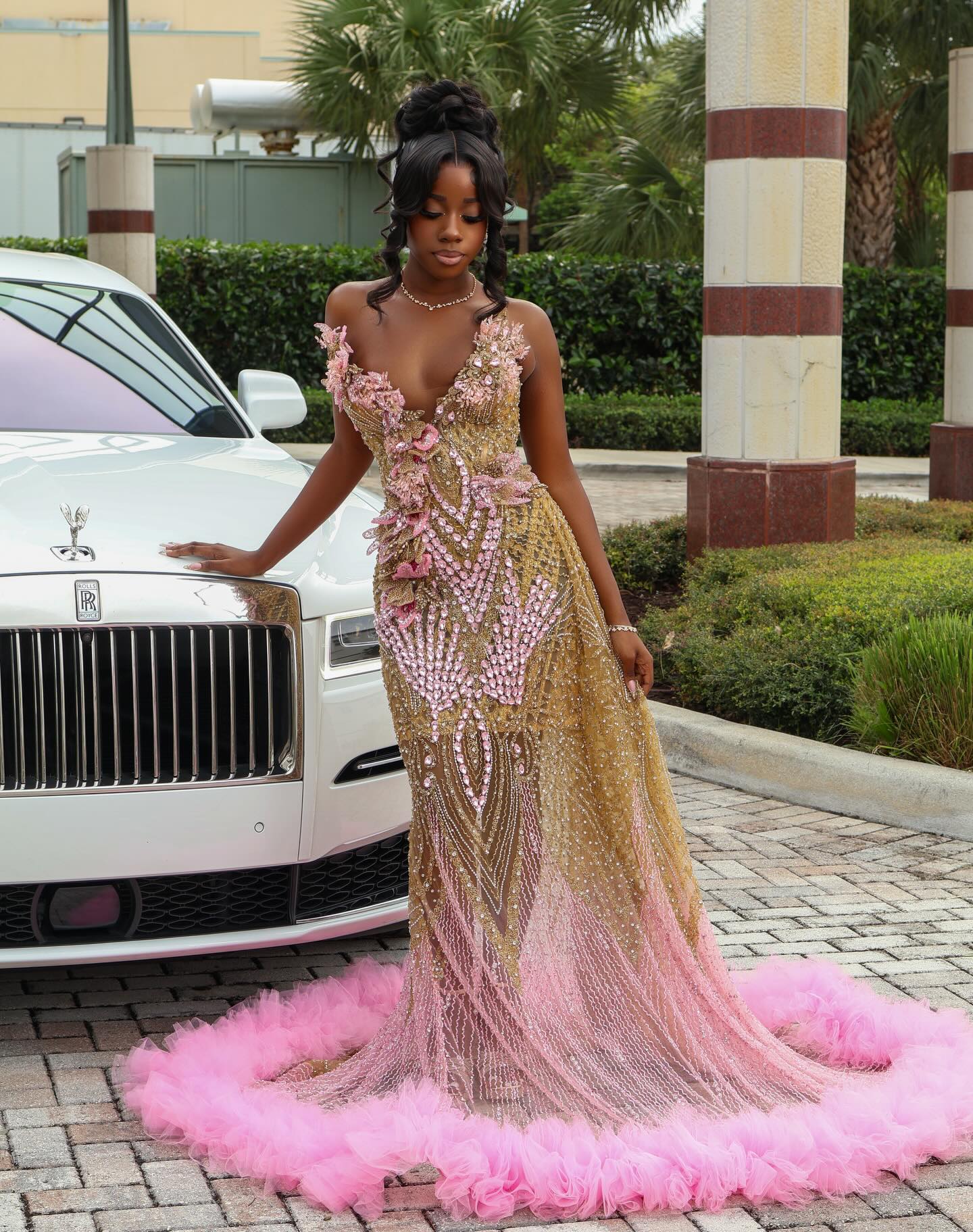 Gold & Pink Sequin Beaded Mermaid Prom Dress with 3D Floral Details & Pink Feather Train